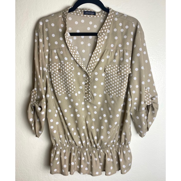 Cuff Sleeve Taupe and White Polka Dot Blouse - Picture 1 of 3